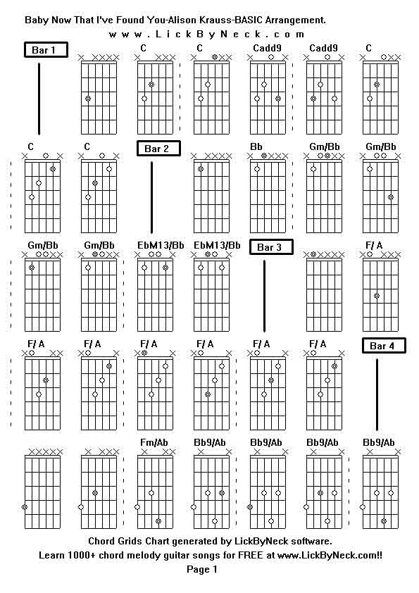 Chord Grids Chart of chord melody fingerstyle guitar song-Baby Now That I've Found You-Alison Krauss-BASIC Arrangement,generated by LickByNeck software.